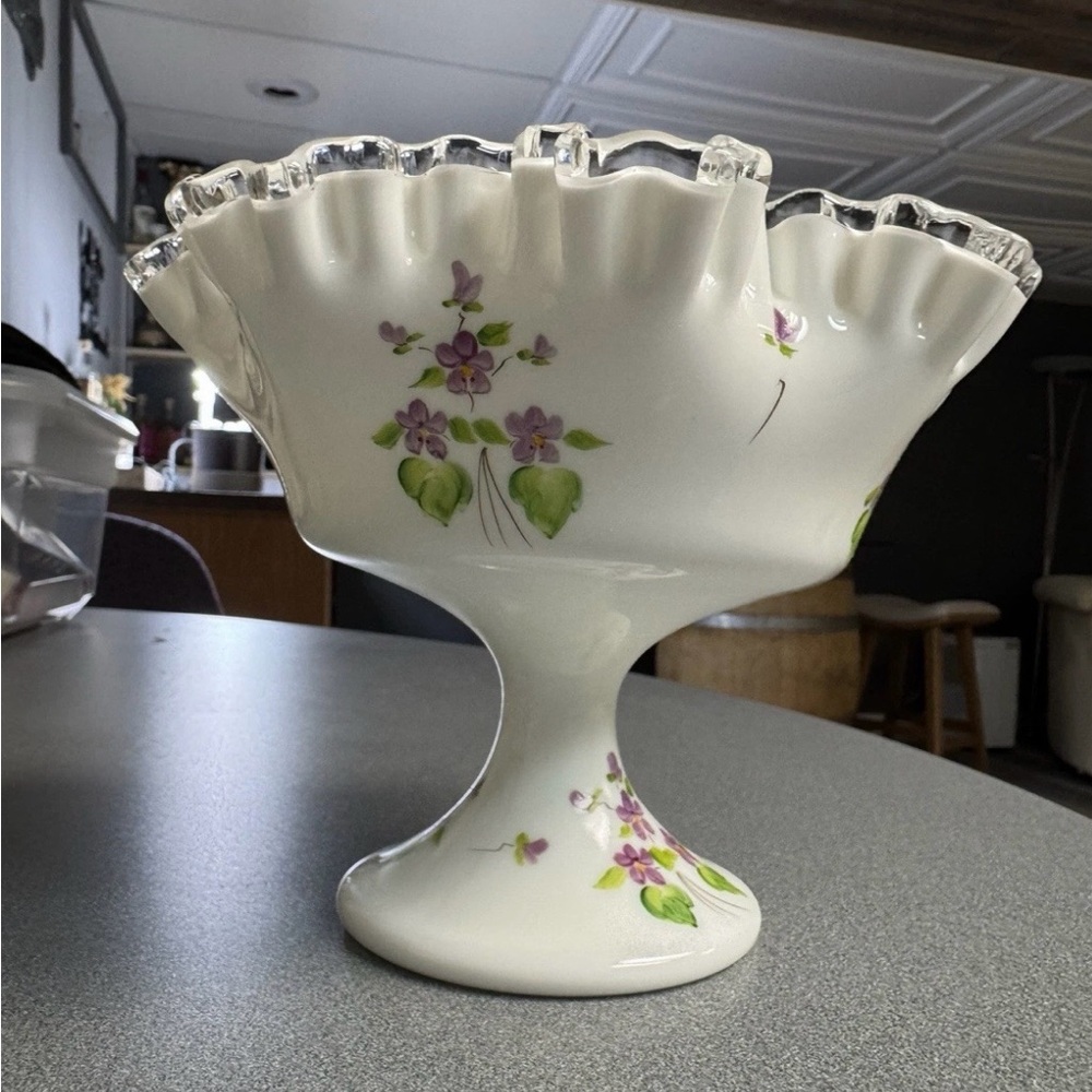 Fenton Violets in the Snow Comport Vintage Designer Glass, Signed 6" Tall 8" Wid